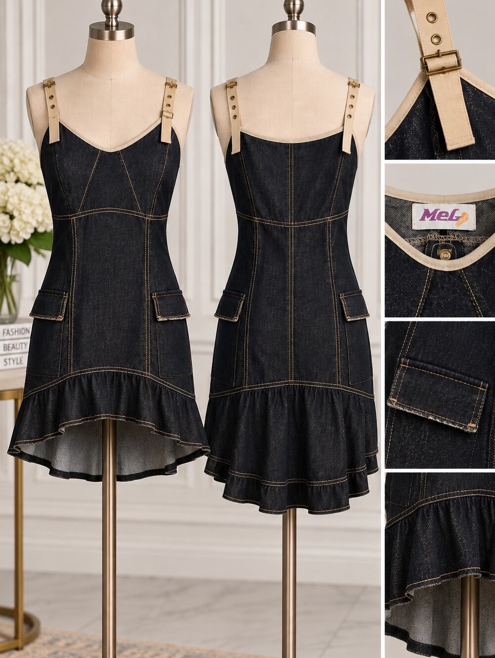 ME Makeover Essentials Dark Denim High-Low Ruffle Dress with Tan Contrast Straps